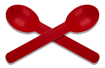 Two red Buoy bowls plastic spoons