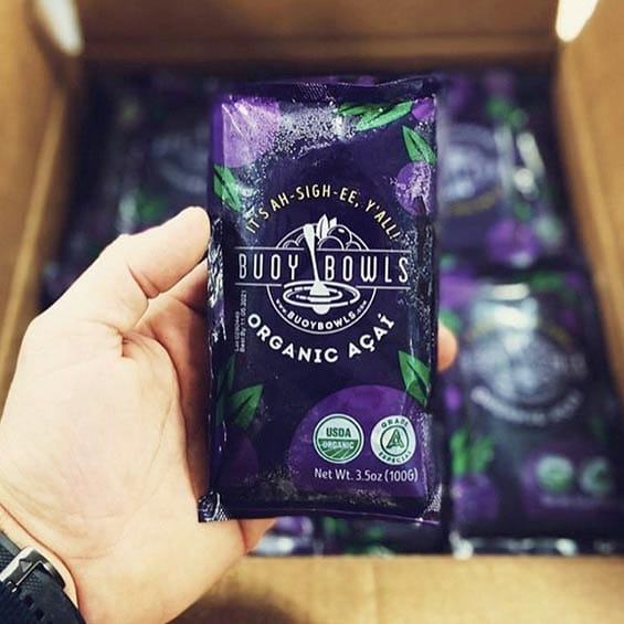A packet of Buoy Bowls own brand of organic açaí blend