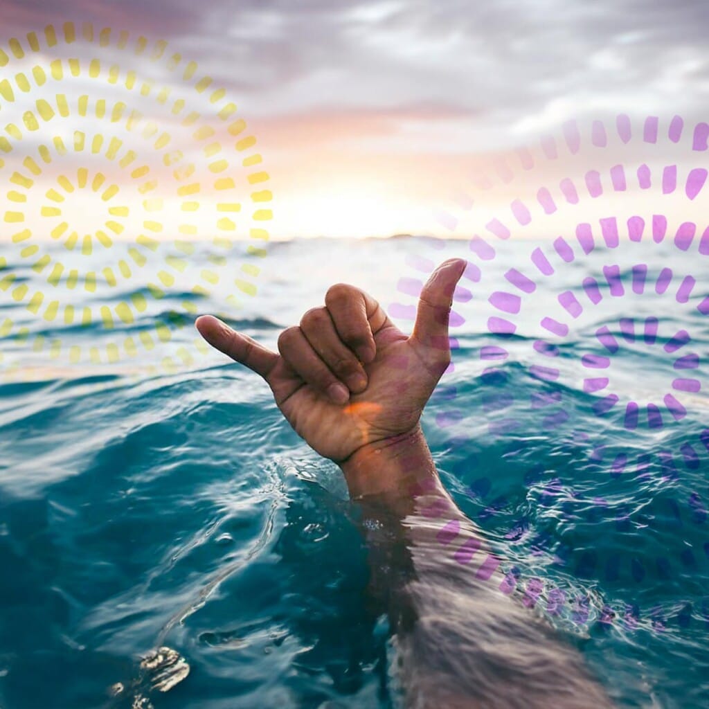 Hang loose hand sign in the ocean