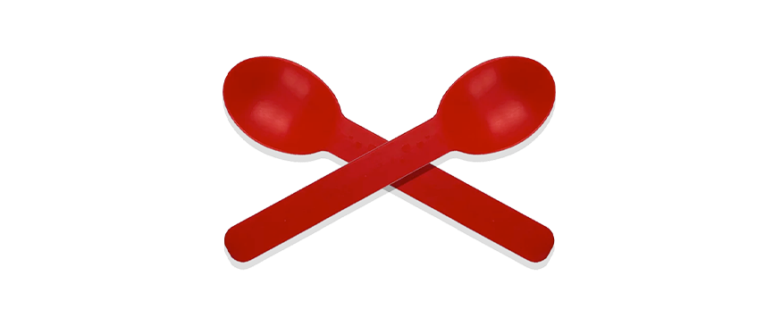 Two red Buoy bowls plastic spoons