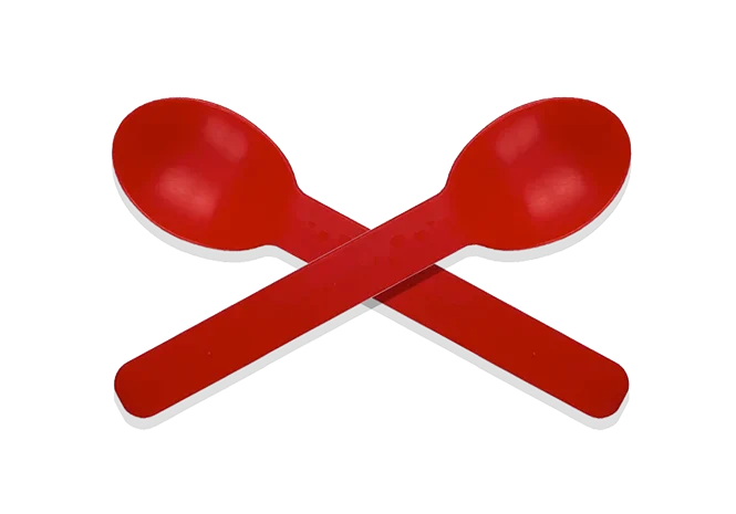 Two red Buoy bowls plastic spoons