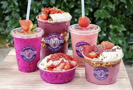 Picture of Buoy Bowls menu items including bowls of various sizes and smoothies